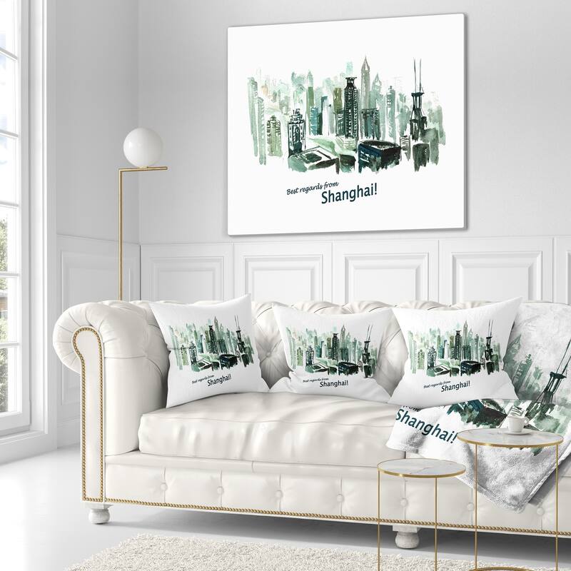 Designart 'Shanghai Vector Illustration' Cityscape Painting Throw Pillow