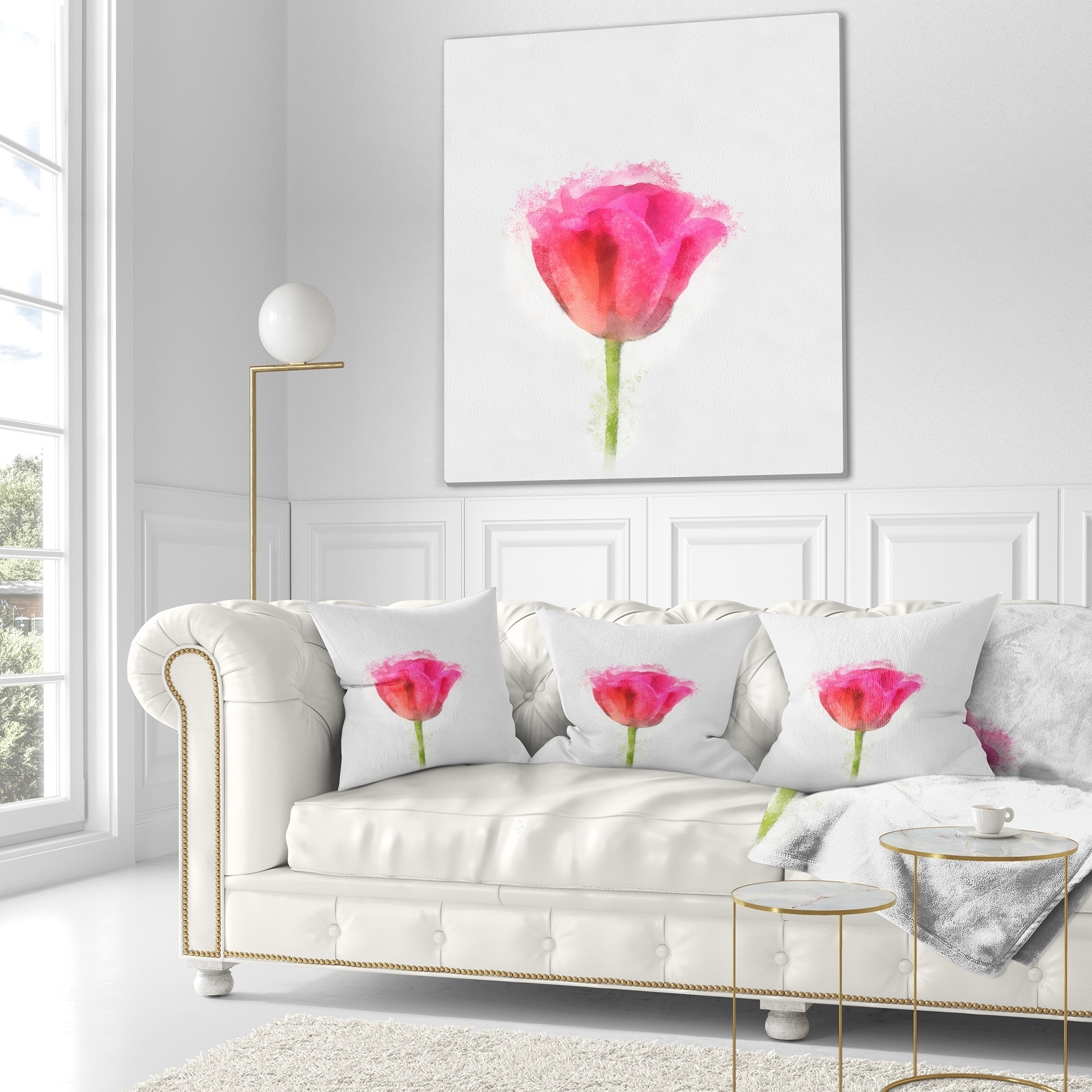 Designart 'Bloomy Pink Tulip on White Drawing' Flower Throw Pillow