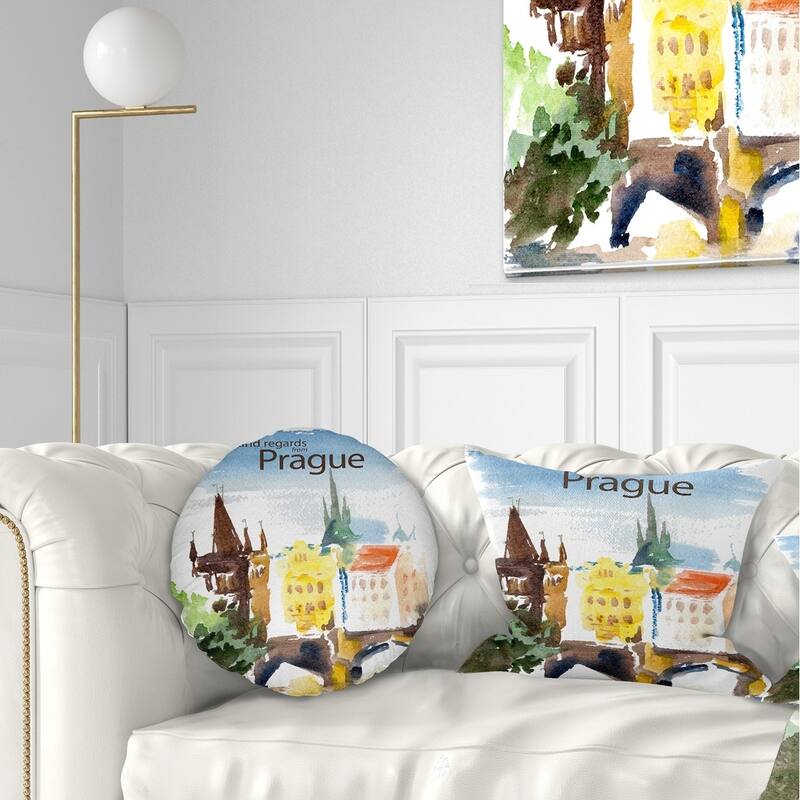 Designart 'Old Prague Vector Illustration' Cityscape Painting Throw Pillow - Rectangle - 12 in. x 20 in. - Medium