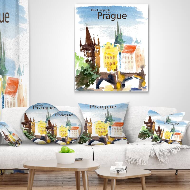 Designart 'Old Prague Vector Illustration' Cityscape Painting Throw Pillow
