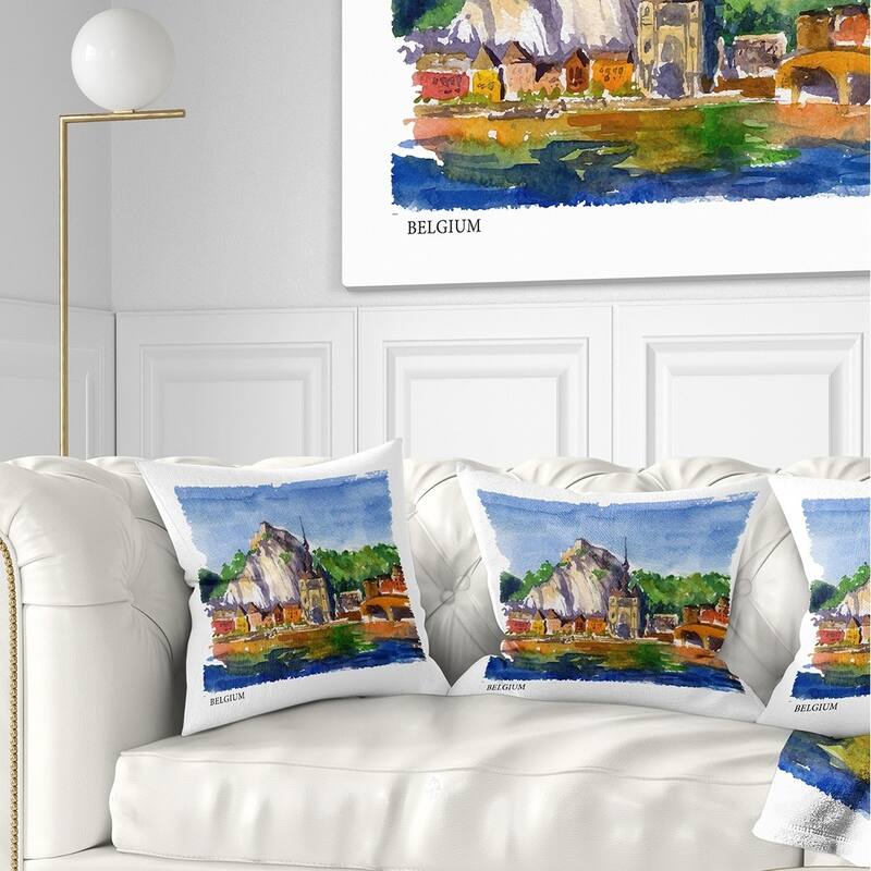 Designart 'Belgium Vector Illustration' Cityscape Painting Throw Pillow - Square - 16 in. x 16 in. - Small