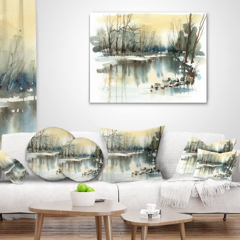 Designart 'River in Winter' Landscape Painting Throw Pillow