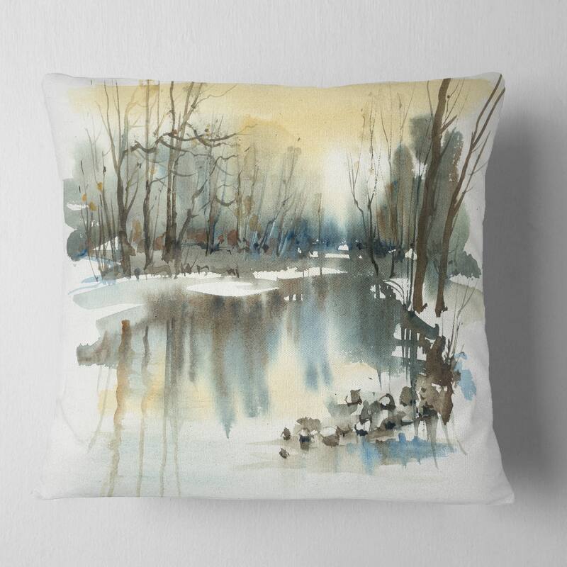 Designart 'River in Winter' Landscape Painting Throw Pillow