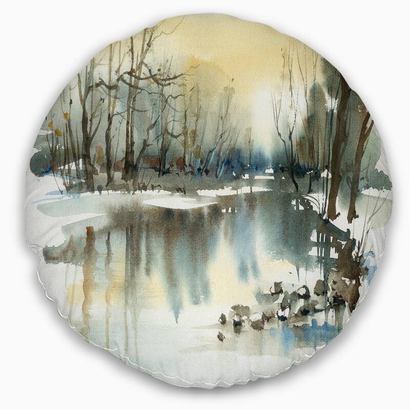 Designart 'River in Winter' Landscape Painting Throw Pillow