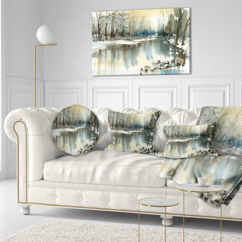 Designart 'River in Winter' Landscape Painting Throw Pillow