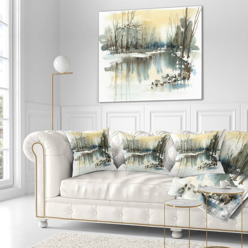 Designart 'River in Winter' Landscape Painting Throw Pillow