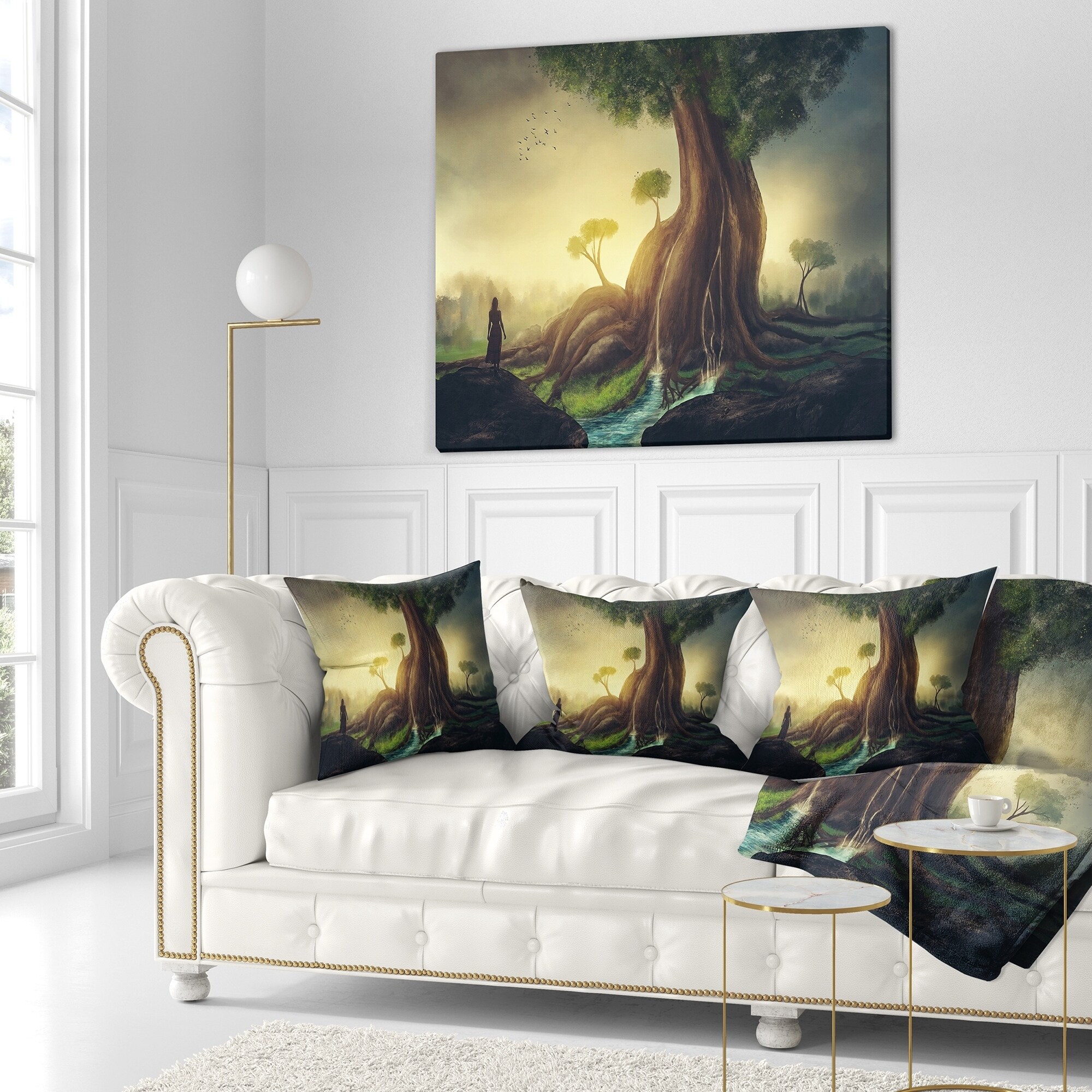 Designart Giant Tree with Woman - Abstract Throw Pillow - 18x18