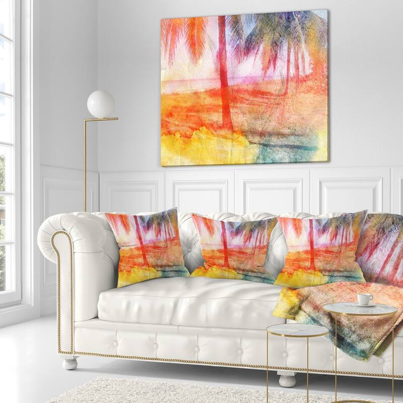 Designart 'Red Retro Palm Trees' Landscape Painting Throw Pillow
