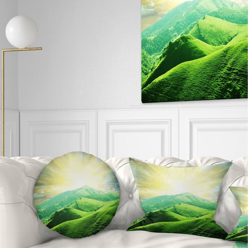 Designart 'Green Mountains under Sun' Landscape Printed Throw Pillow - Round - 16 inches round - Small