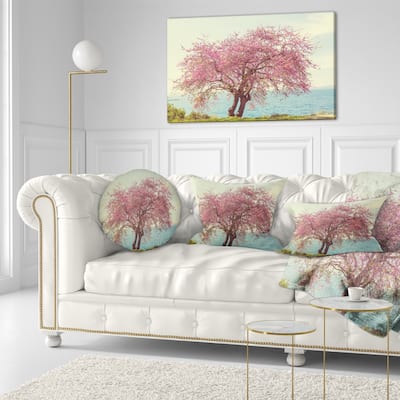 Designart 'Pink Flowers on Lonely Tree' Landscape Printed Throw Pillow