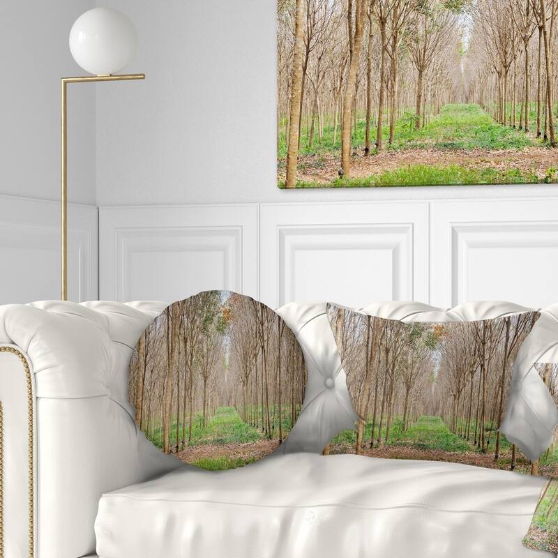 Designart 'Beautiful Rubber Plantation Photo' Modern Forest Throw Pillow - Round - 16 inches round - Small