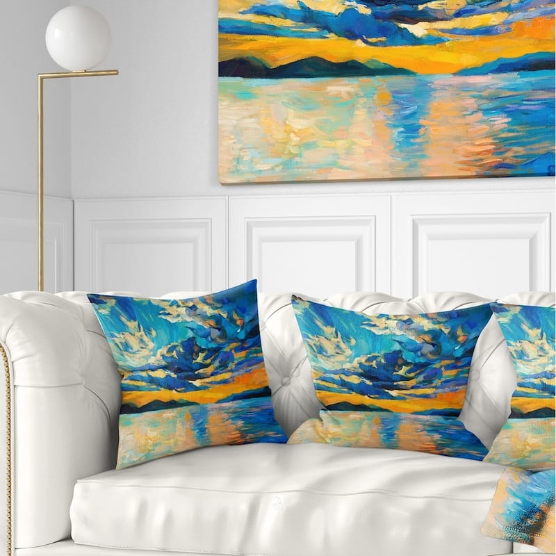 Designart 'Orange Sunset with Blue Sky' Modern Painting Throw Pillow - Square - 18 in. x 18 in. - Medium
