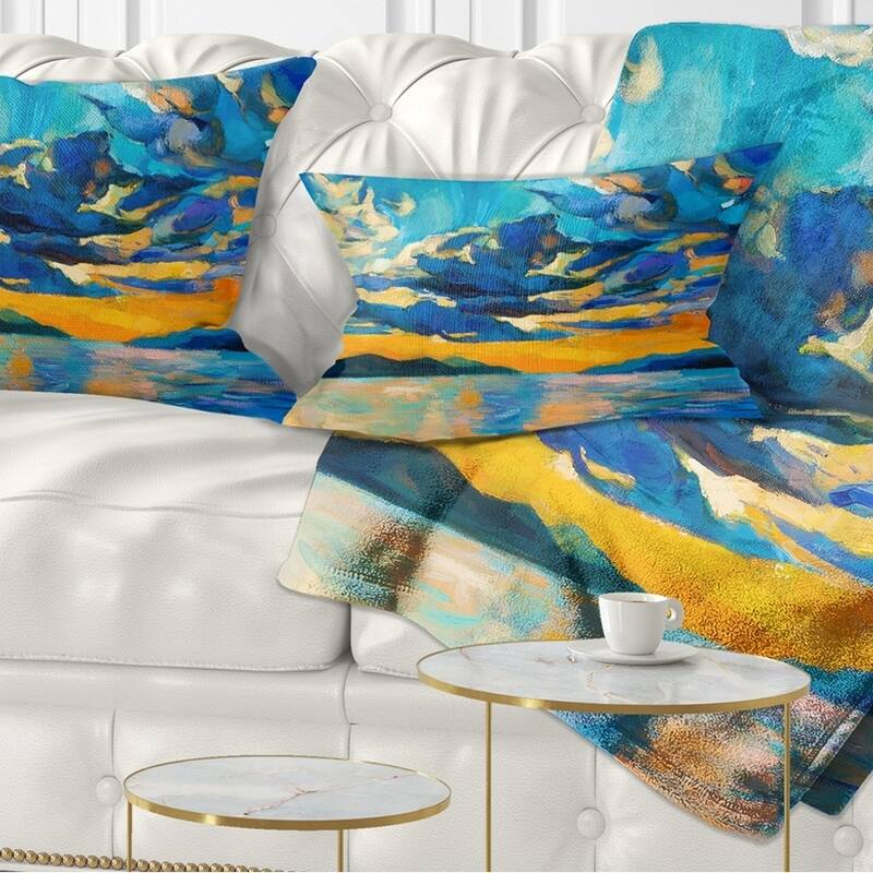 Designart 'Orange Sunset with Blue Sky' Modern Painting Throw Pillow - Rectangle - 12 in. x 20 in. - Medium
