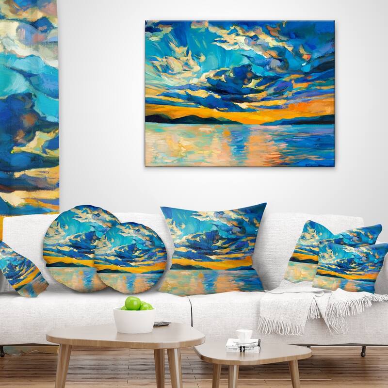 Designart 'Orange Sunset with Blue Sky' Modern Painting Throw Pillow