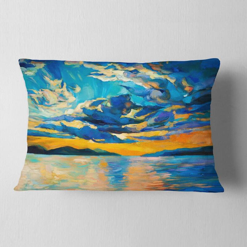 Designart 'Orange Sunset with Blue Sky' Modern Painting Throw Pillow