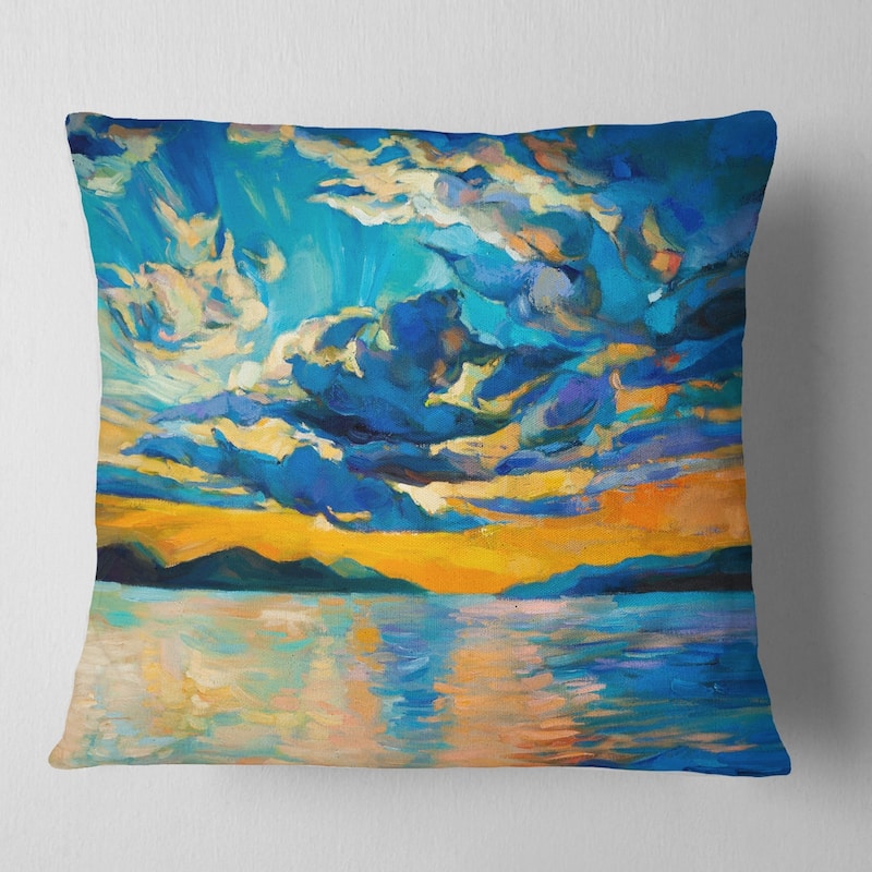 Designart 'Orange Sunset with Blue Sky' Modern Painting Throw Pillow