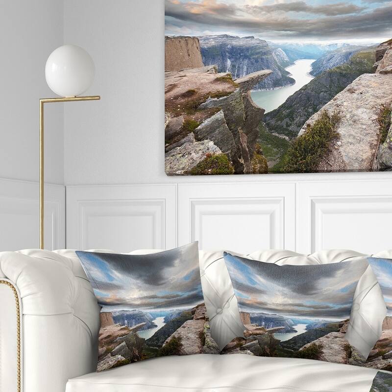Designart 'Norway Rocky Terrains under Clouds' Beach Photo Throw Pillow - Square - 26 in. x 26 in. - Large