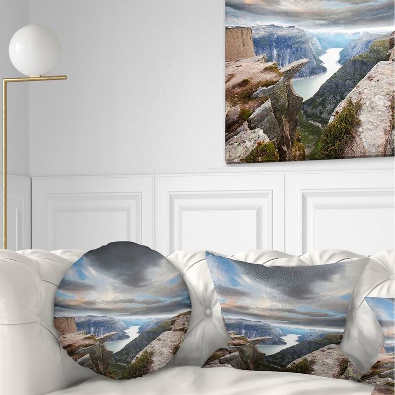 Designart 'Norway Rocky Terrains under Clouds' Beach Photo Throw Pillow - Round - 20 inches round - Large