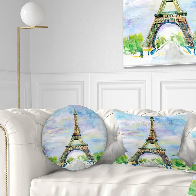 Designart 'Paris Eiffel Toweragainst Blue Sky' Watercolor Throw Pillow - Rectangle - 12 in. x 20 in. - Medium