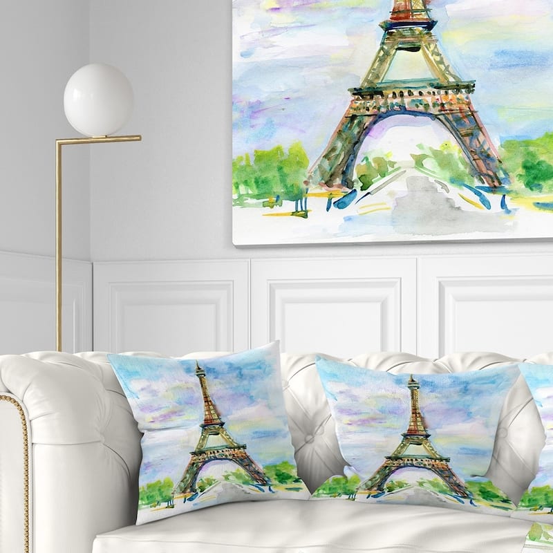 Designart 'Paris Eiffel Toweragainst Blue Sky' Watercolor Throw Pillow - Square - 16 in. x 16 in. - Small
