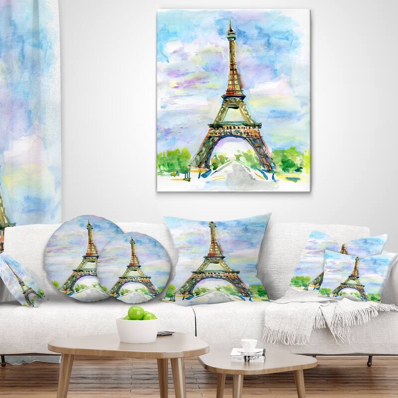 Designart 'Paris Eiffel Toweragainst Blue Sky' Watercolor Throw Pillow