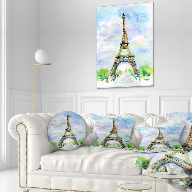 Designart 'Paris Eiffel Toweragainst Blue Sky' Watercolor Throw Pillow