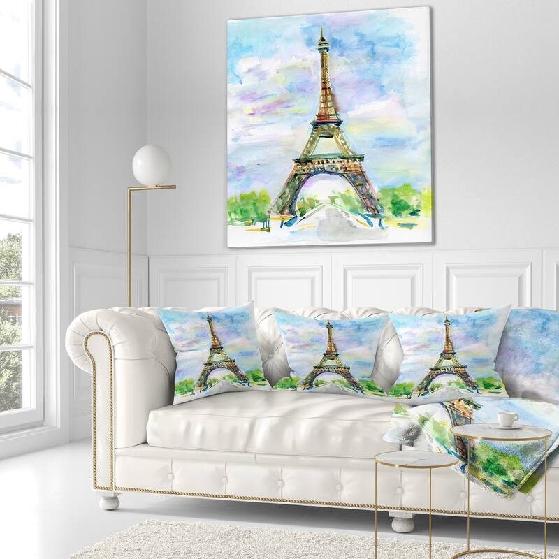 Designart 'Paris Eiffel Toweragainst Blue Sky' Watercolor Throw Pillow