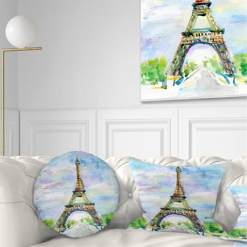 Designart 'Paris Eiffel Toweragainst Blue Sky' Watercolor Throw Pillow - Round - 16 inches round - Small