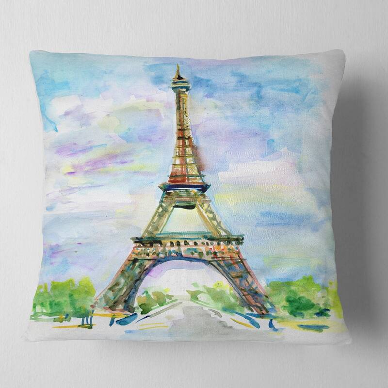 Designart 'Paris Eiffel Toweragainst Blue Sky' Watercolor Throw Pillow