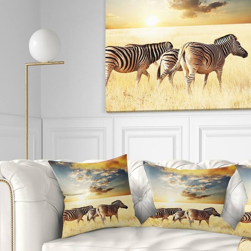 Designart 'Zebras Walking in African Grassland' African Wall Throw Pillow - Square - 18 in. x 18 in. - Medium