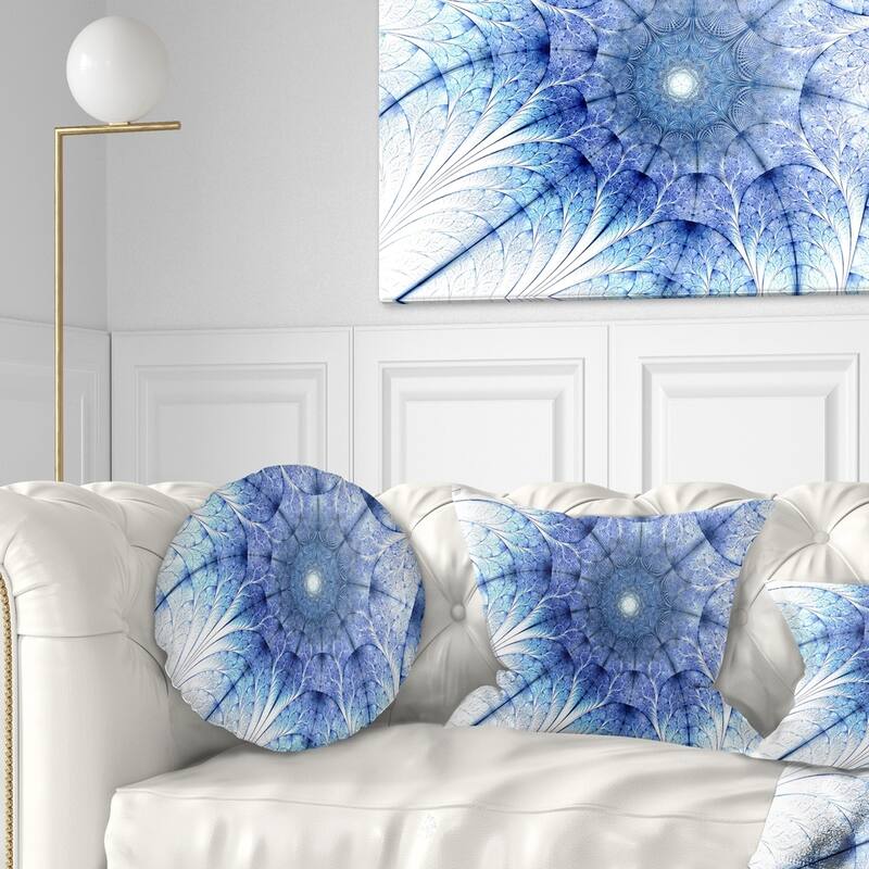 Designart 'Symmetrical Blue Fractal Flower on White' Abstract Throw Pillow - Round - 16 inches round - Small
