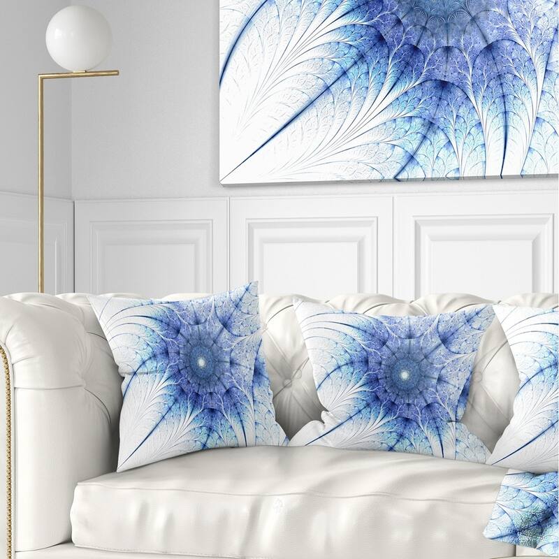 Designart 'Symmetrical Blue Fractal Flower on White' Abstract Throw Pillow - Square - 18 in. x 18 in. - Medium