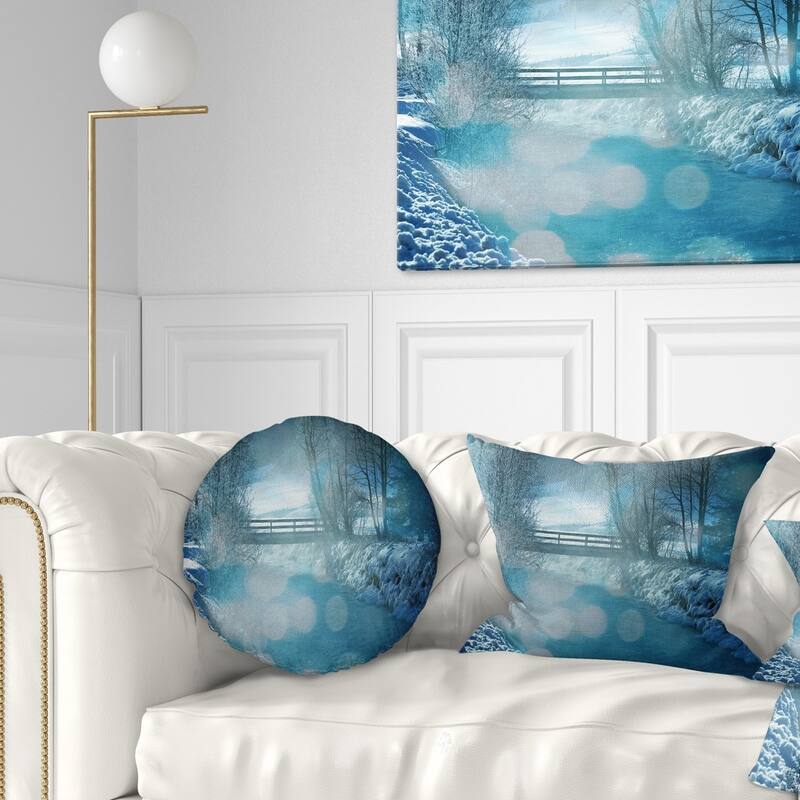 Designart 'Beautiful Winter River View' Landscape Printed Throw Pillow - Round - 20 inches round - Large