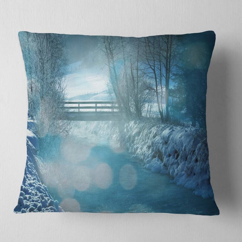 Designart 'Beautiful Winter River View' Landscape Printed Throw Pillow - Square - 16 in. x 16 in. - Small