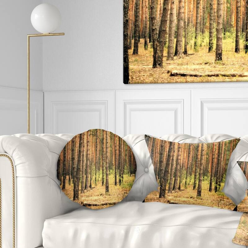 Designart 'Beautiful Pine Forest at Sunset' Modern Forest Throw Pillow - Round - 16 inches round - Small