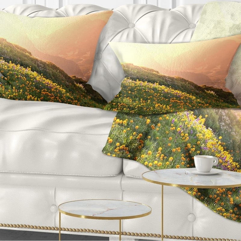 Designart 'Flowering Mountain Meadow View' Landscape Printed Throw Pillow - Rectangle - 12 in. x 20 in. - Medium