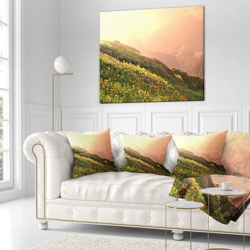 Designart 'Flowering Mountain Meadow View' Landscape Printed Throw Pillow