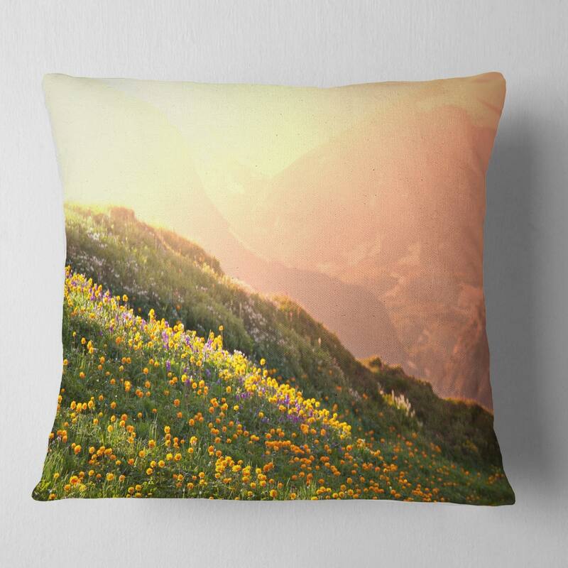Designart 'Flowering Mountain Meadow View' Landscape Printed Throw Pillow - Square - 26 in. x 26 in. - Large
