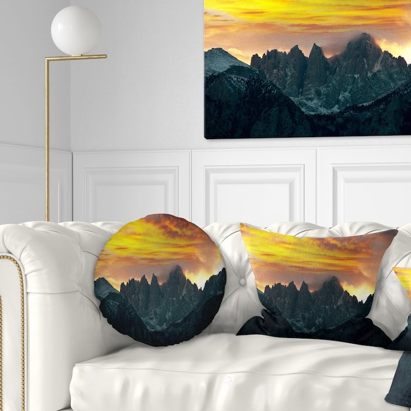 Designart 'Whitney Mountains under Cloudy Sky' Landscape Printed Throw Pillow - Round - 16 inches round - Small
