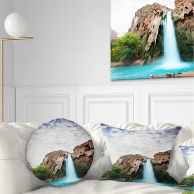 Designart 'Amazing Waterfall under Cloudy Sky' Landscape Printed Throw Pillow