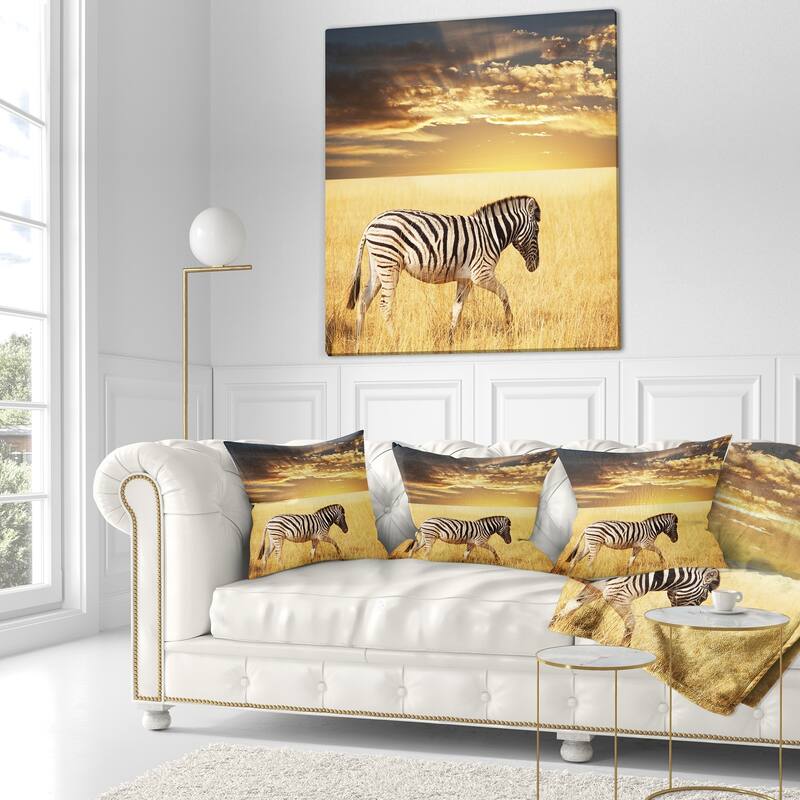 Designart 'Solitary Zebra Walking in Grassland' African Throw Pillow