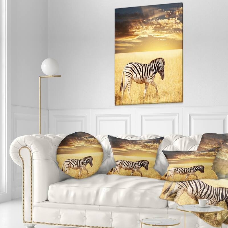 Designart 'Solitary Zebra Walking in Grassland' African Throw Pillow