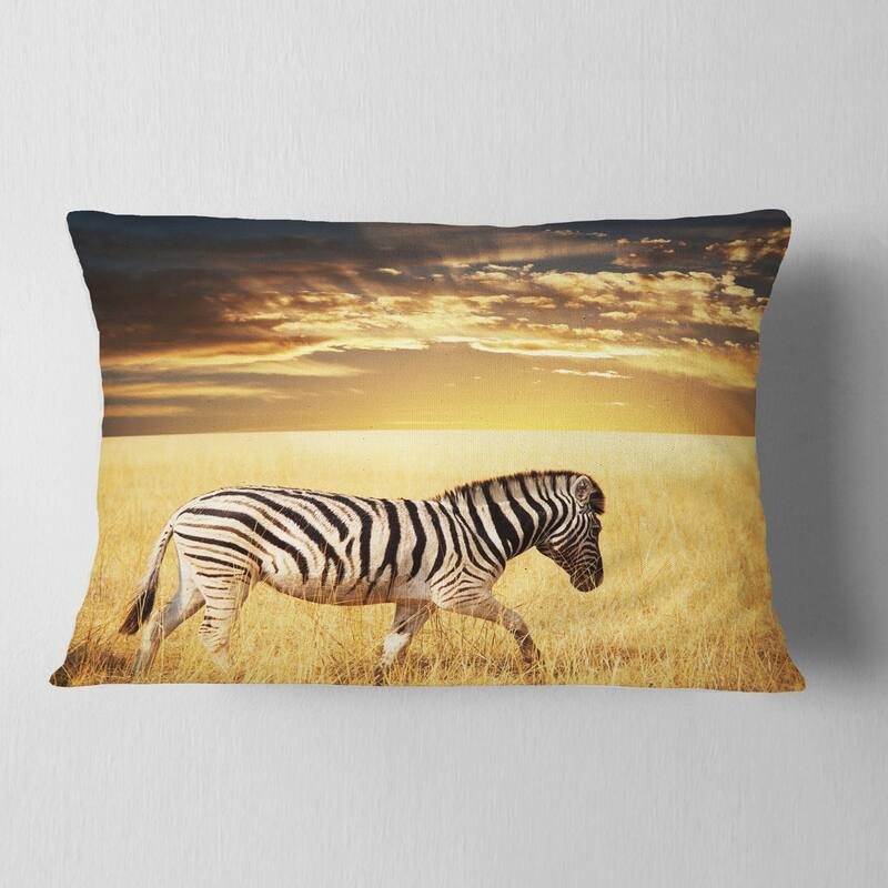 Designart 'Solitary Zebra Walking in Grassland' African Throw Pillow