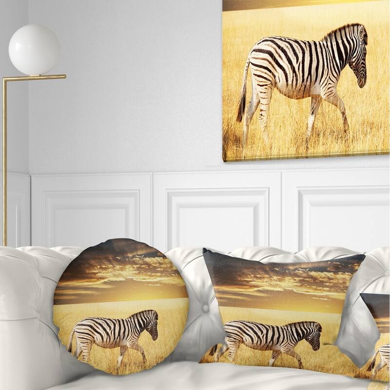 Designart 'Solitary Zebra Walking in Grassland' African Throw Pillow - Round - 16 inches round - Small