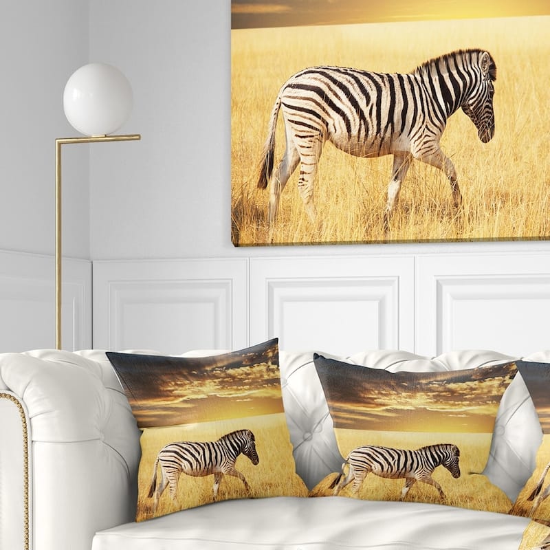 Designart 'Solitary Zebra Walking in Grassland' African Throw Pillow - Square - 18 in. x 18 in. - Medium