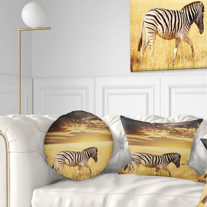 Designart 'Solitary Zebra Walking in Grassland' African Throw Pillow - Rectangle - 12 in. x 20 in. - Medium