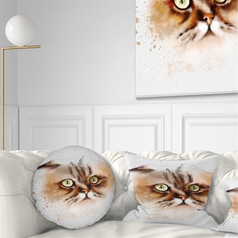 Designart 'Cute Brown Cat Watercolor Sketch' Animal Throw Pillow - Round - 20 inches round - Large