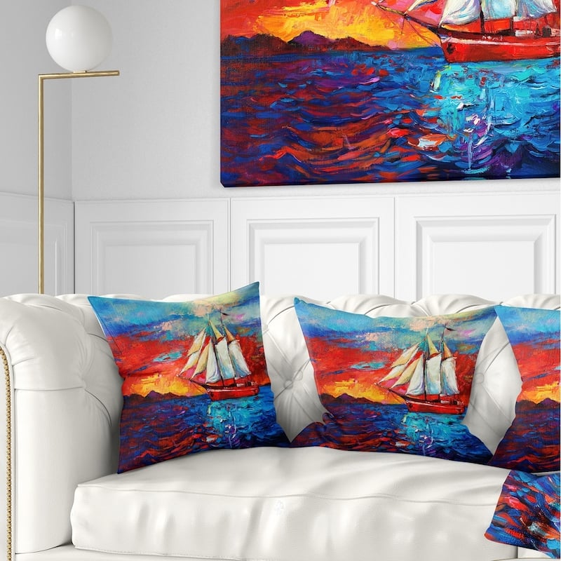 Designart 'Sail Ship During Sunset' Seascape Throw Pillow - Square - 26 in. x 26 in. - Large
