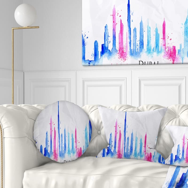 Designart 'Colorful Dubai Silhouette' Cityscape Painting Throw Pillow - Round - 16 inches round - Small