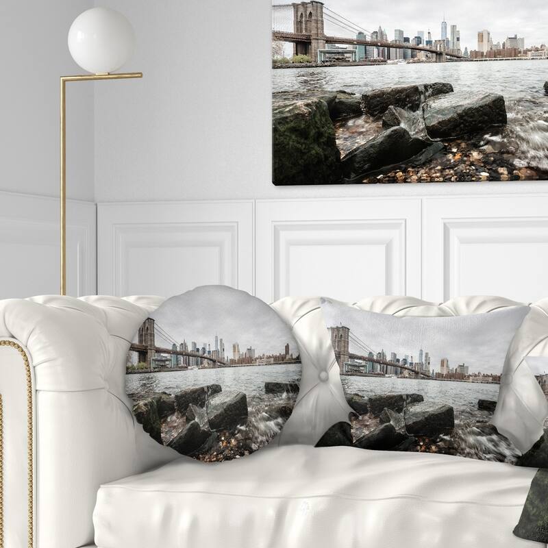 Designart 'Brooklyn Bridge with Rocks on Shore' Cityscape Throw Pillow - Round - 20 inches round - Large